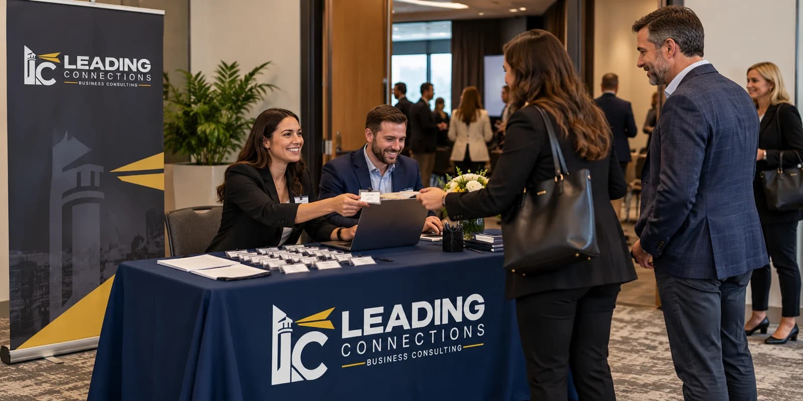 LC brand mockup of people collaborating in a business setting