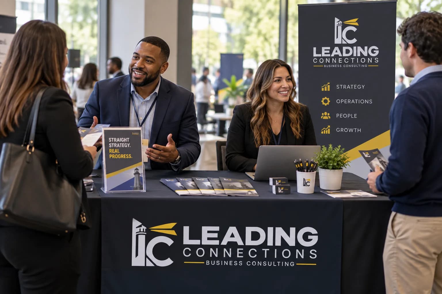 LC brand mockup of people collaborating in a business setting
