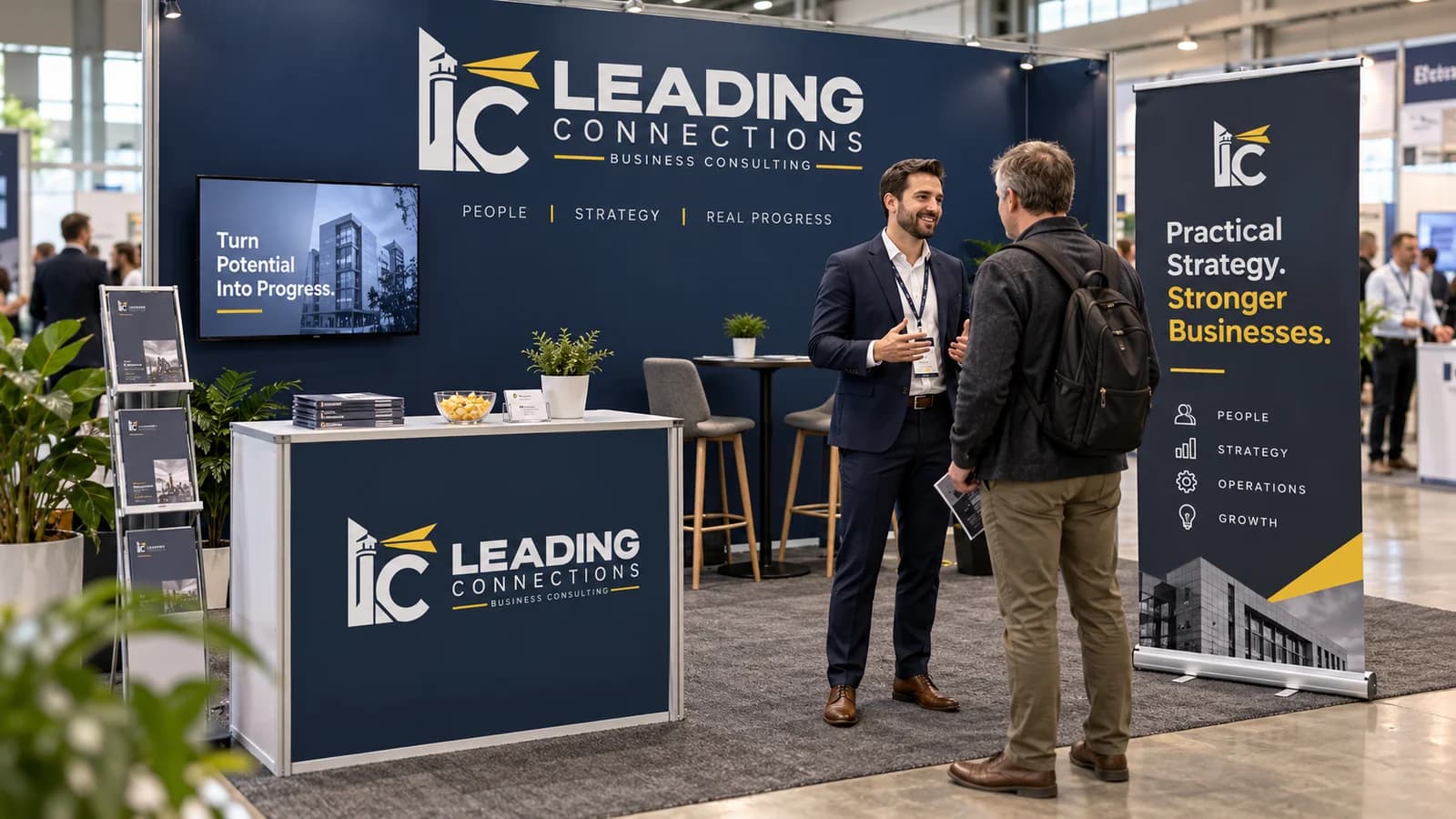 LC brand mockup of a conversation at a business event