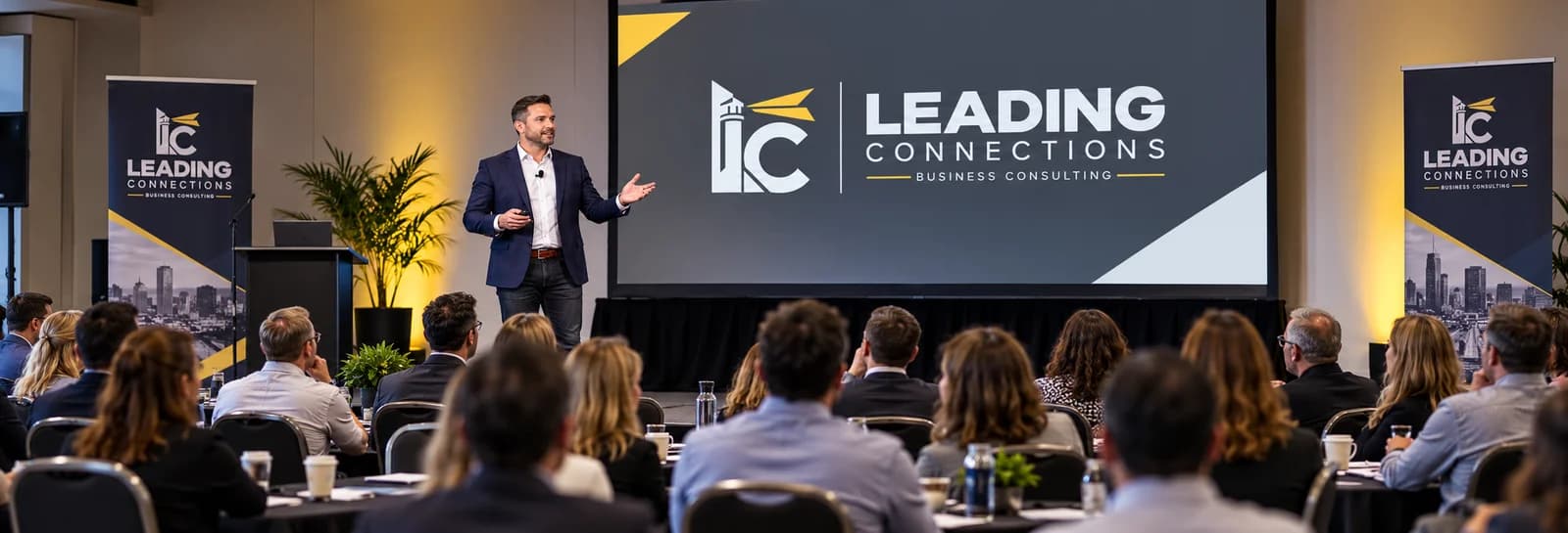 LC brand mockup of people collaborating in a business setting