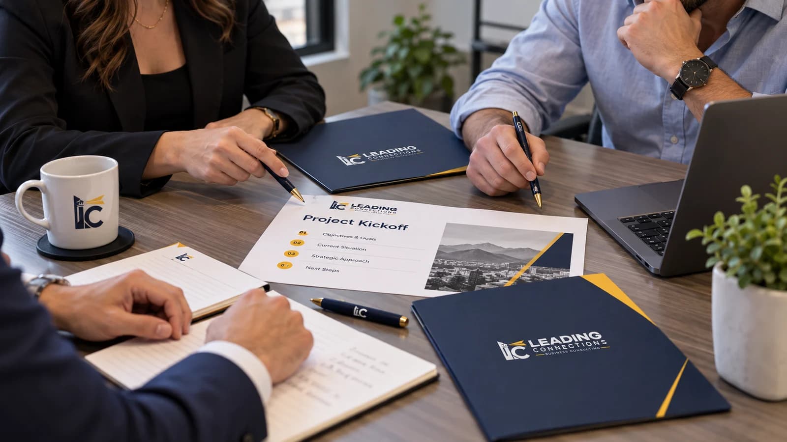 LC mockup of a kickoff meeting with consulting materials