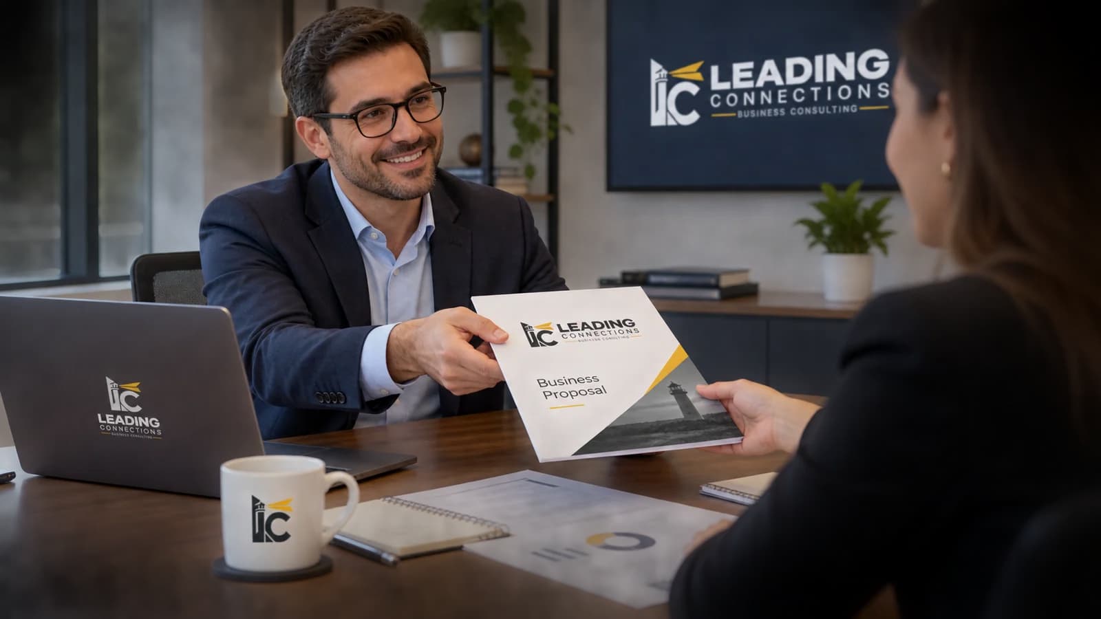 LC brand mockup of a consulting proposal presentation