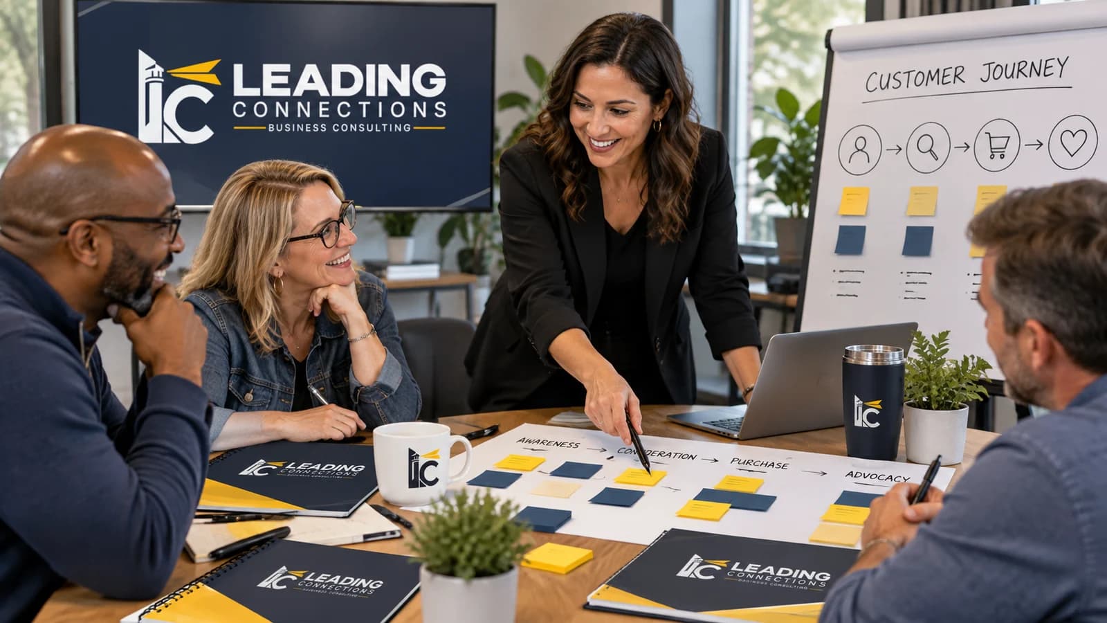 LC brand mockup of a consultant and a team collaborating around a table
